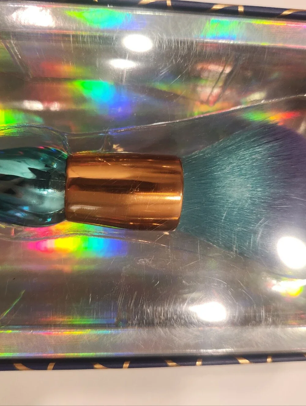 Lot Of 2 Bella Beauty Metallic Teal Make Up Brushes 1 Fan Brush 1 Bronzer Brush